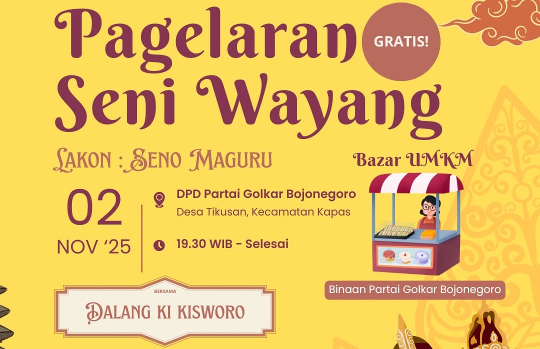 DPD GOLKAR BOJONEGORO GELAR PAGELARAN SENI WAYANG KULIT GRATIS DAN BAZAR UMKM UNTUK RAKYAT