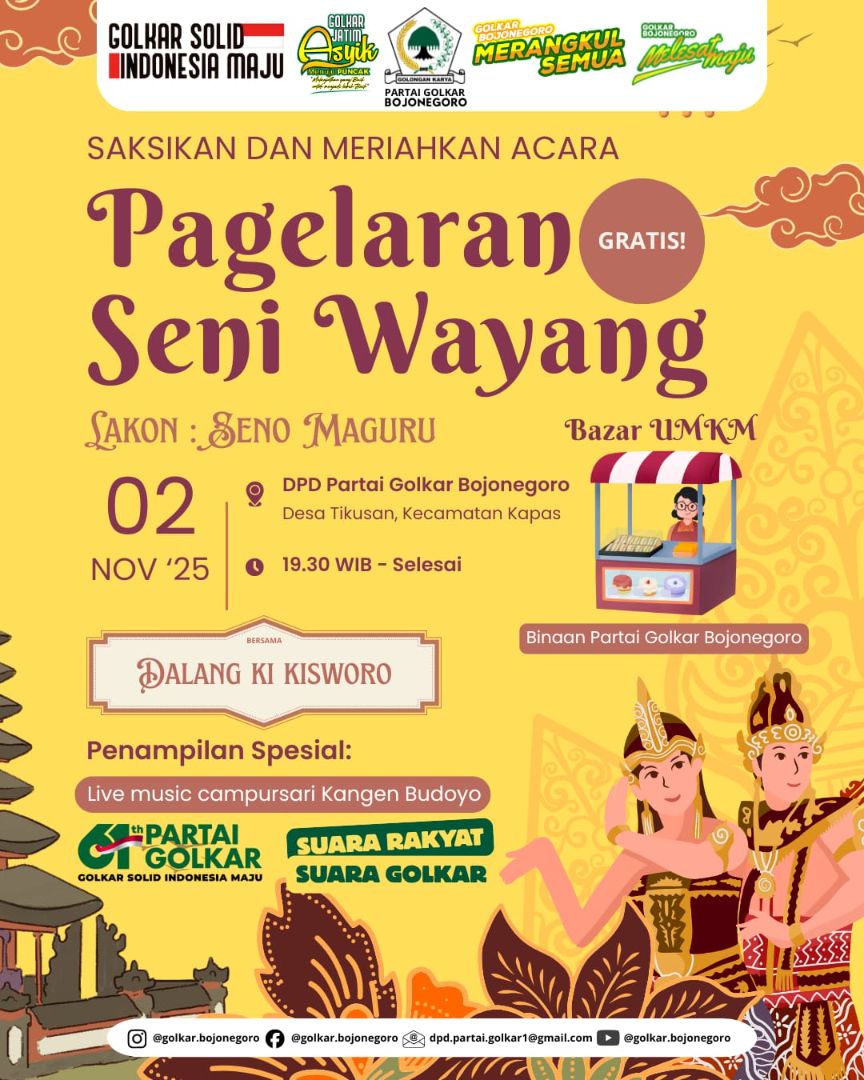 Panggilan Budaya: DPD Golkar Bojonegoro Undang Warga Saksikan Wayang Ki Kisworo 02 November, Gratis!